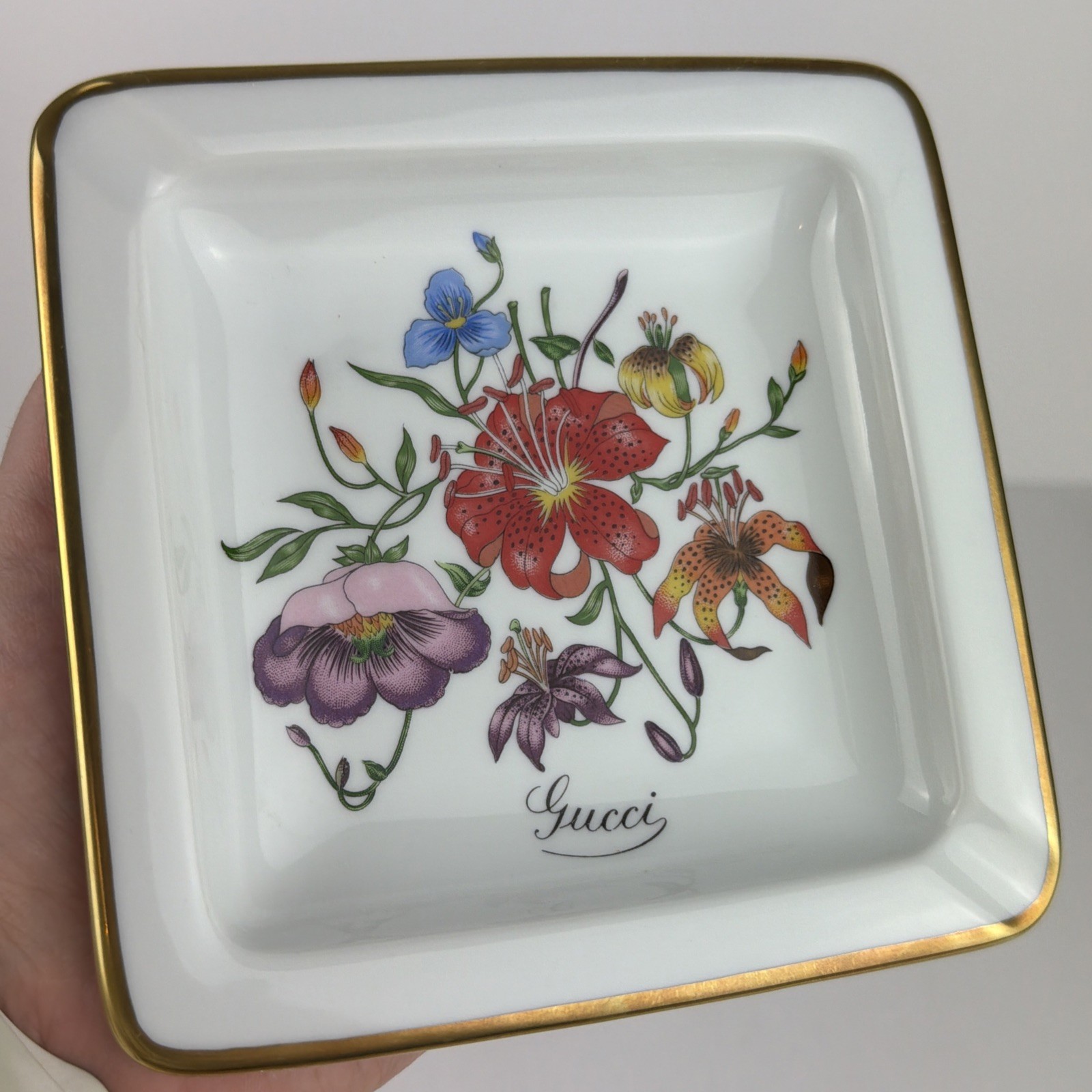 Gucci x Richard Ginori Flora Floral Porcelain Square Ashtray Italy Vintage 5.5"