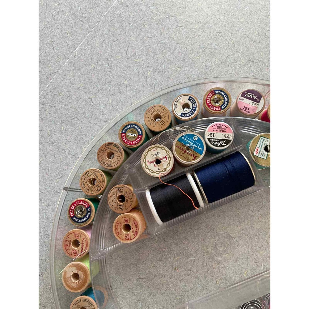 Vintage round sewing caddy with extras