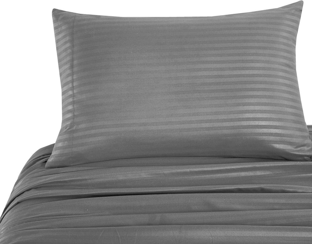 Queen Stylish Embossed Satin Stripe 4 Bed Sheet Set Brushed Microfiber Gray