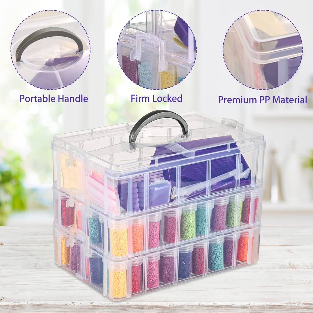 3-Tier Diamond Painting Storage Container, 100 Slots Clear Stackable Bead Org...
