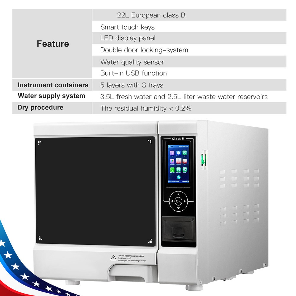 22L Automatic Dental Autoclave Steam Sterilizer Class B Sterilization &Printer