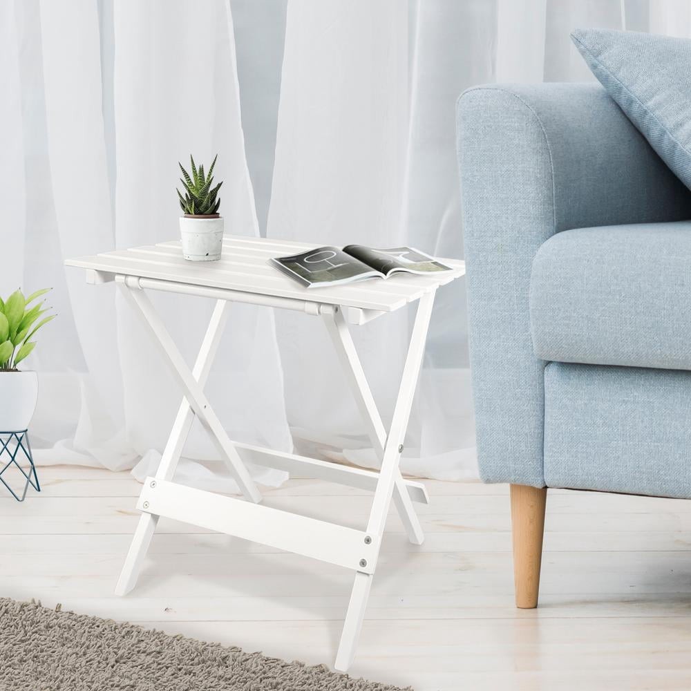 Small Solid Wood Folding Side Table 2-Piece Set White Portable Patio Outdoor