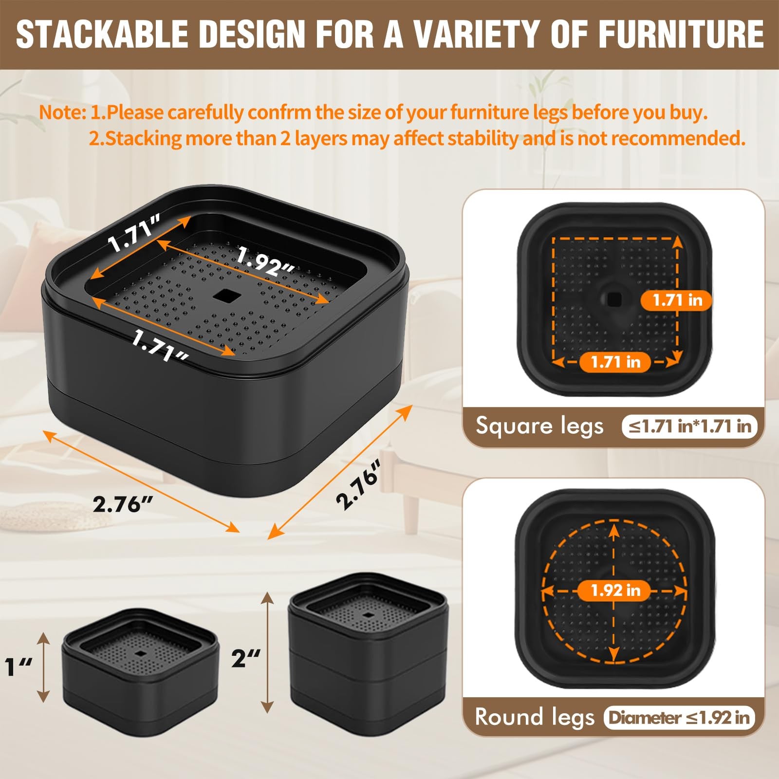 8 Pack Adjustable Furniture Bed Risers, Stackable Heavy Duty Lifts 1-3 Inch