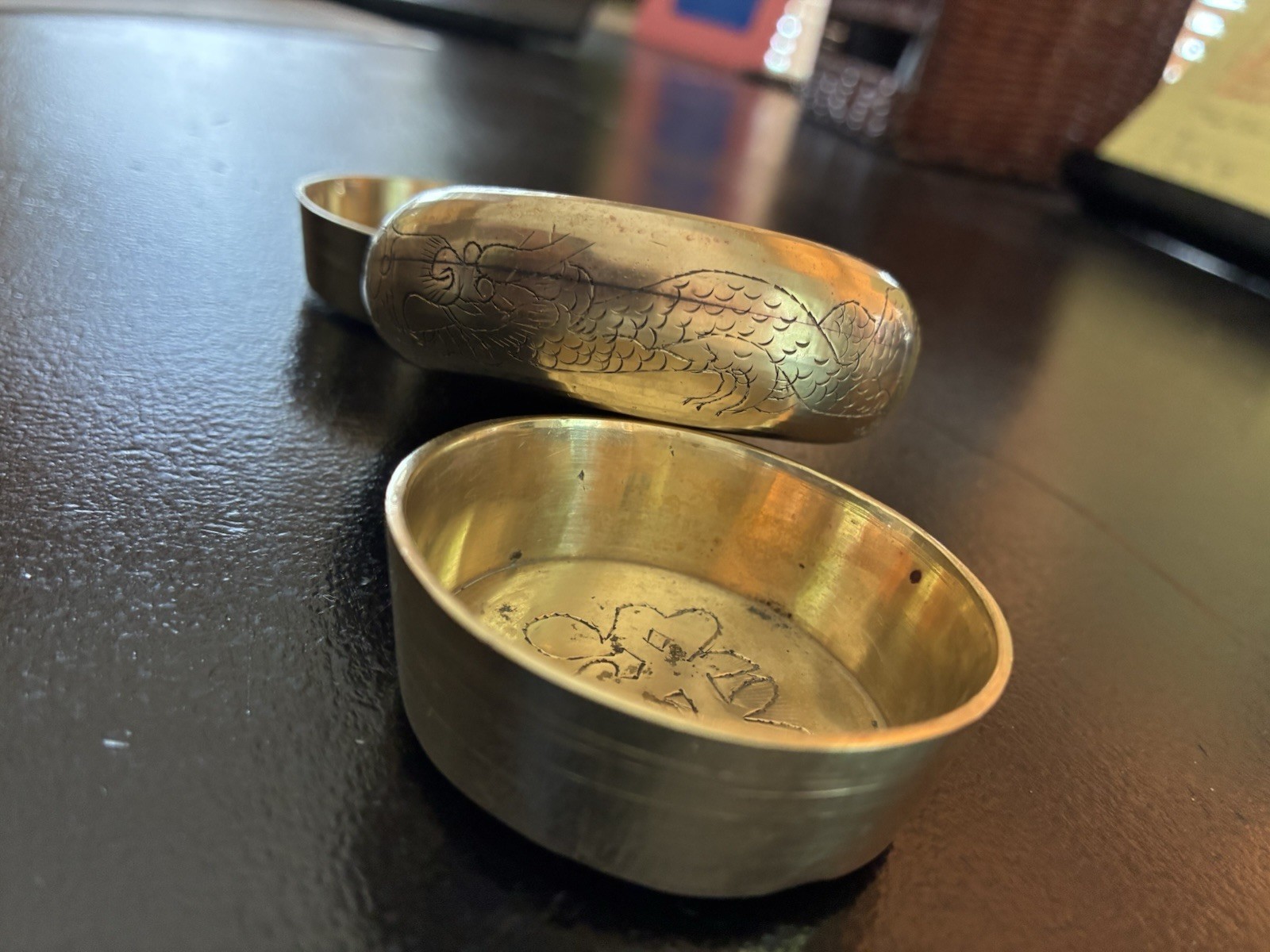 3 Vintage Chinese Bronze Mini Nesting Dishes / Detailed Dragon Etched Motif