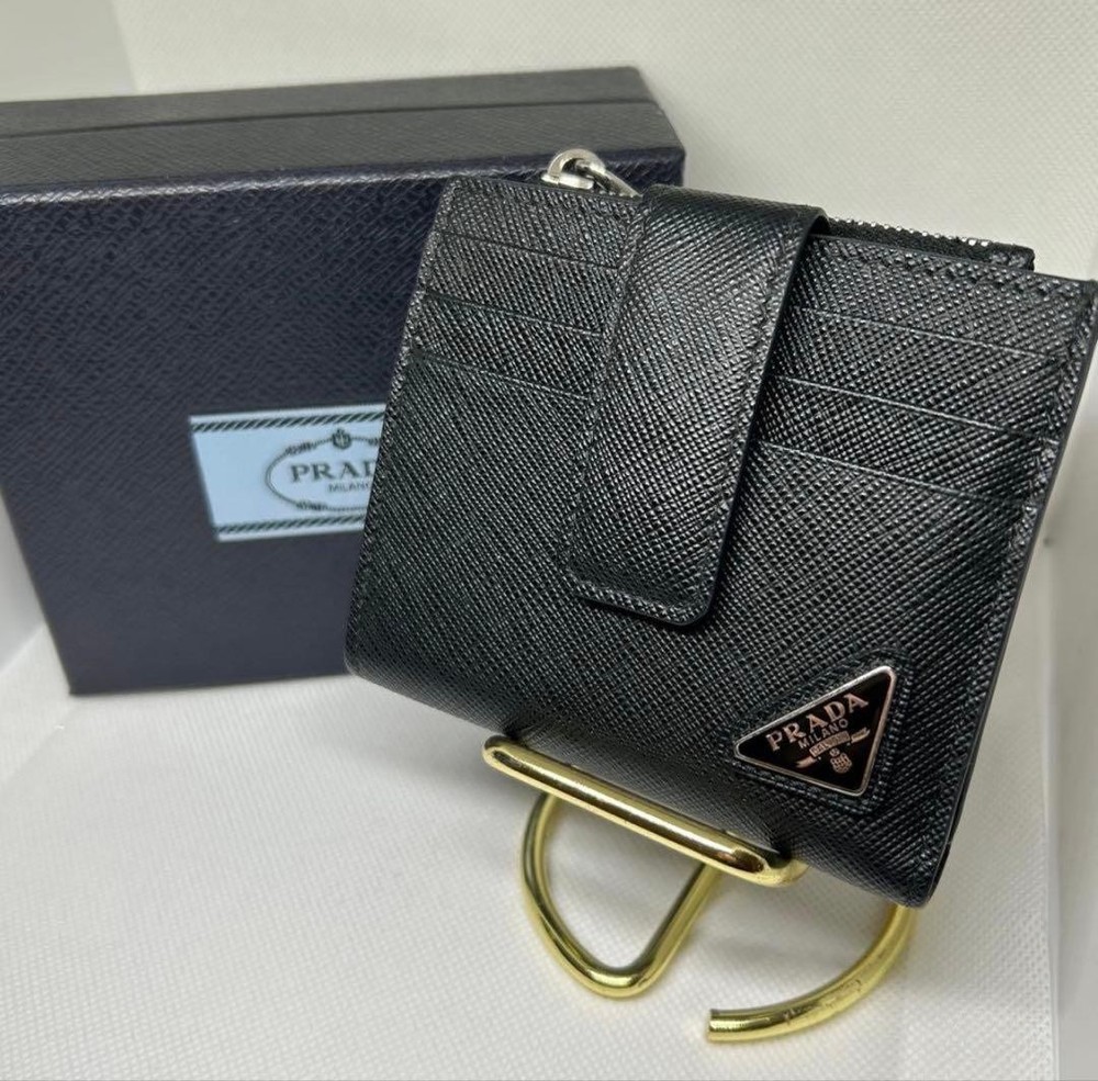Prada Two-Fold Wallet Saffiano Leather Triangle Logo Black