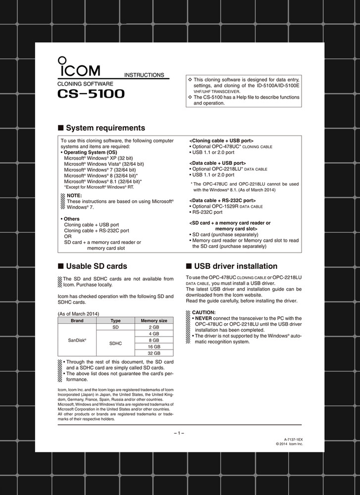 Icom CS-5100 — INSTRUCTIONS User Guide How-To Tutorial — 9 Pages — USA Made