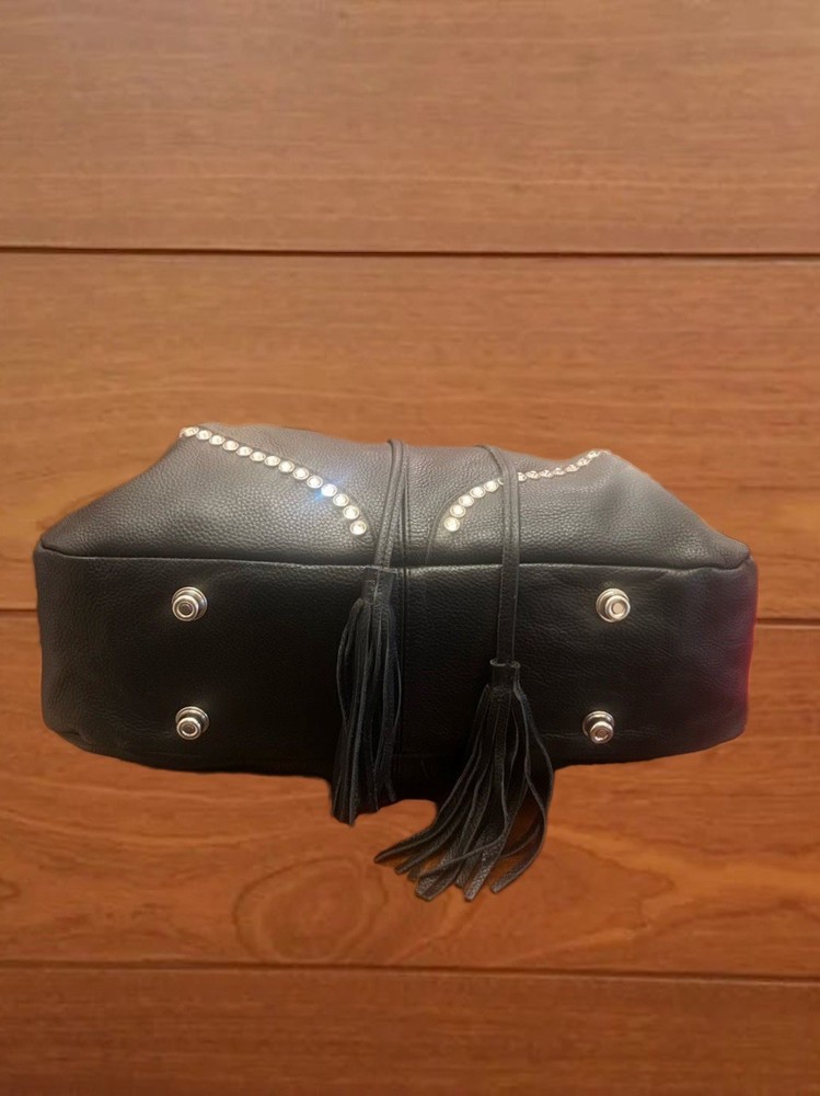 Raviani Drawstring in Black Pebble Grain Leather With Crystals.