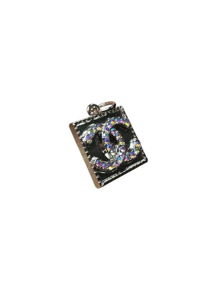 Chanel Silver Square Zipper Pull Charm with Iridescent Stone Logo
