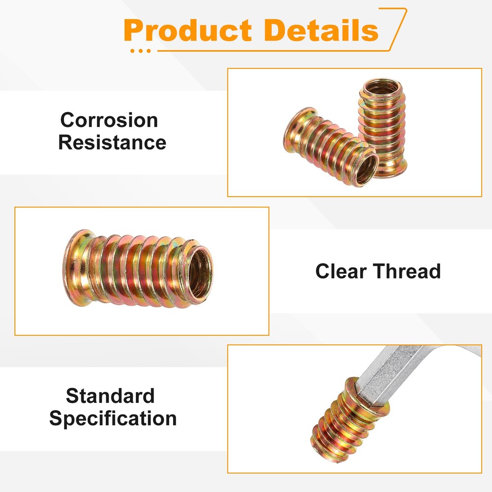 50 Pcs Threaded Insert for Wood, 5/16" - 18 Threaded Studs 25mm Length, Gold