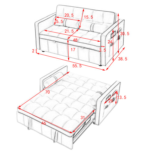 Modern 55.5" Pull Out Sleep Sofa Bed 2 Seater Loveseats Sofa Couch w/side pocket