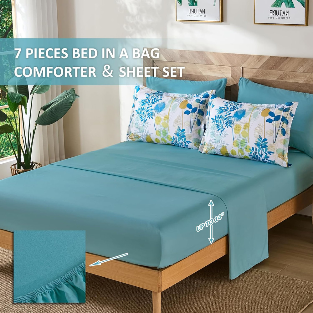 7Pieces Queen Comforter Set, Blue Yellow Botanical Bed in a Bag Complete Set wit