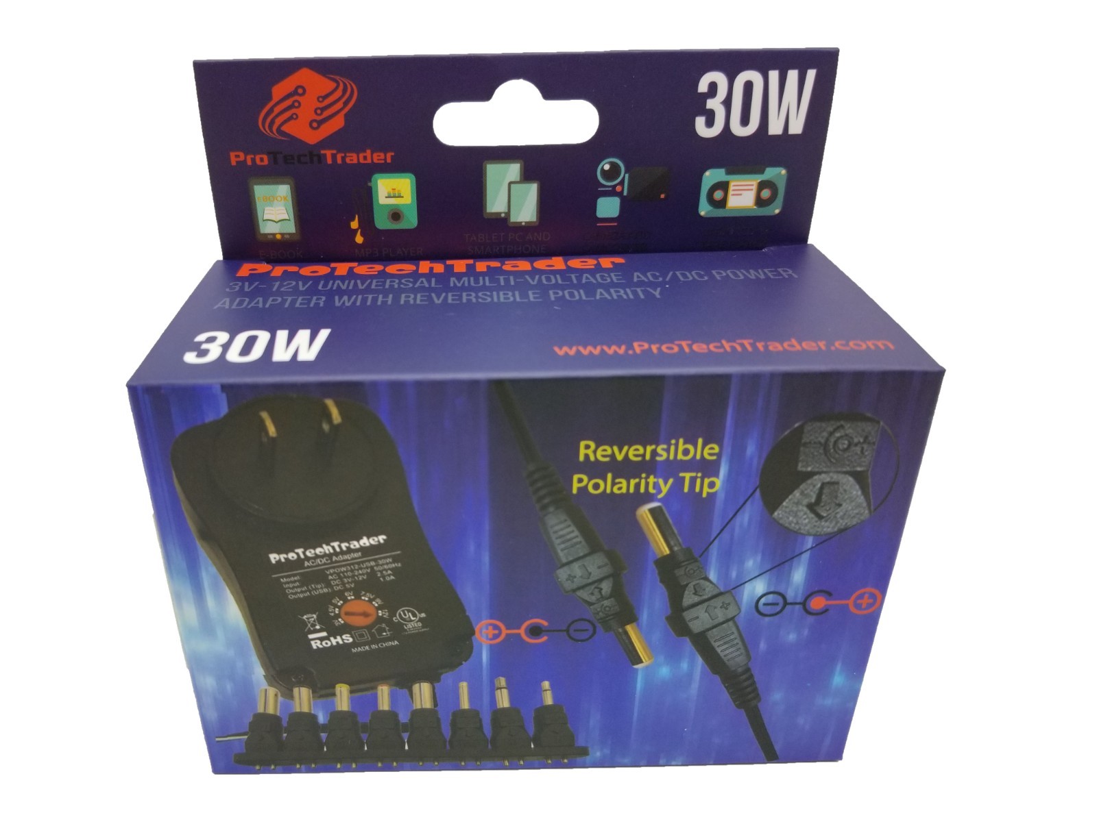 3v-12v AC/DC Universal Power Adapter 30W 2500ma Reversible Polary USB Port 8 Tip