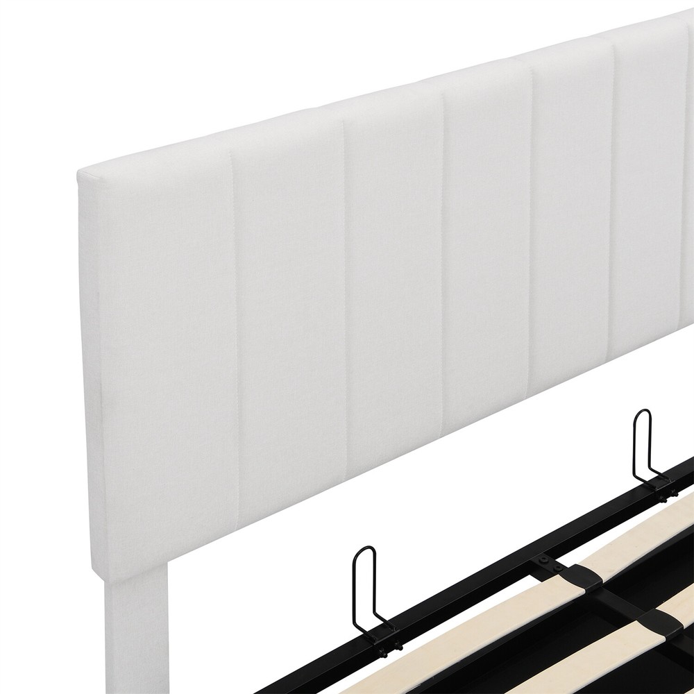 Full Size Upholstered Platform Bed Frame with Hydraulic Storage System White