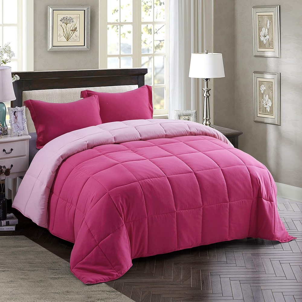 3Pc Pink Queen Size Comforter Set - All Season Reversible down Alternative Comfo