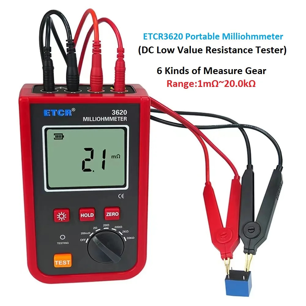 Portable Milliohmmeter 1mΩ-20.0kΩ DC Low Value Resistance Tester 4-wire Method