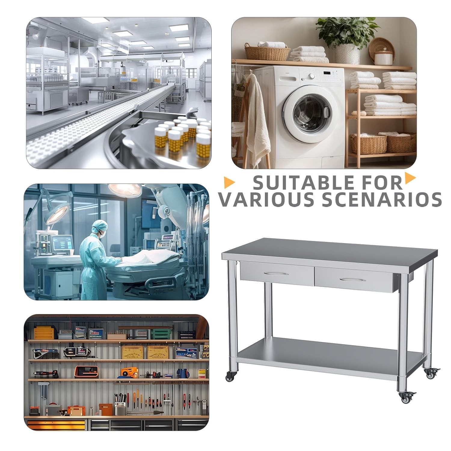 48"x24" Stainless Steel Work Table with Drawers, Rolling Kitchen Prep Workbench