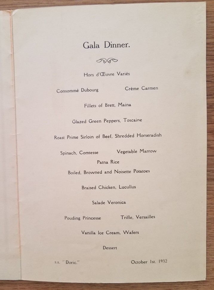 DORIC (White Star) 1932 Steamship Menu - Gala Dinner