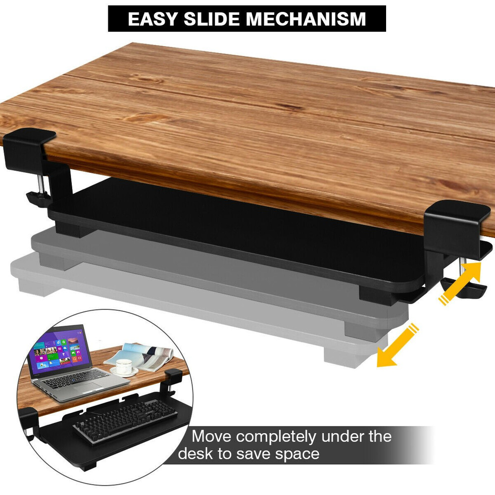 Keyboard Tray Under Desk Clamp-On Retractable Platform Computer Drawer