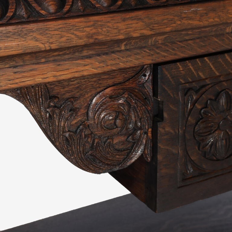 Arts & Crafts Carved Oak Trestle Library Table C1910
