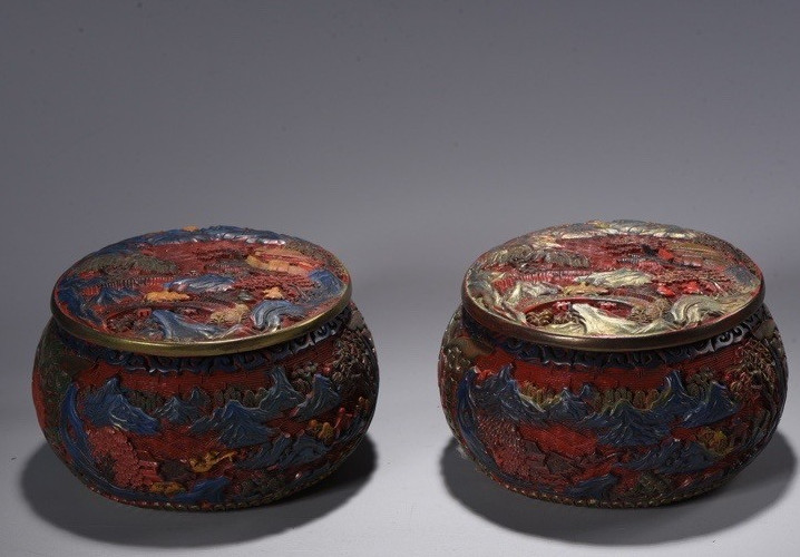 Old Dynasty Red Wood lacquerware Painting Carve tree house Jar Pot Crock pair