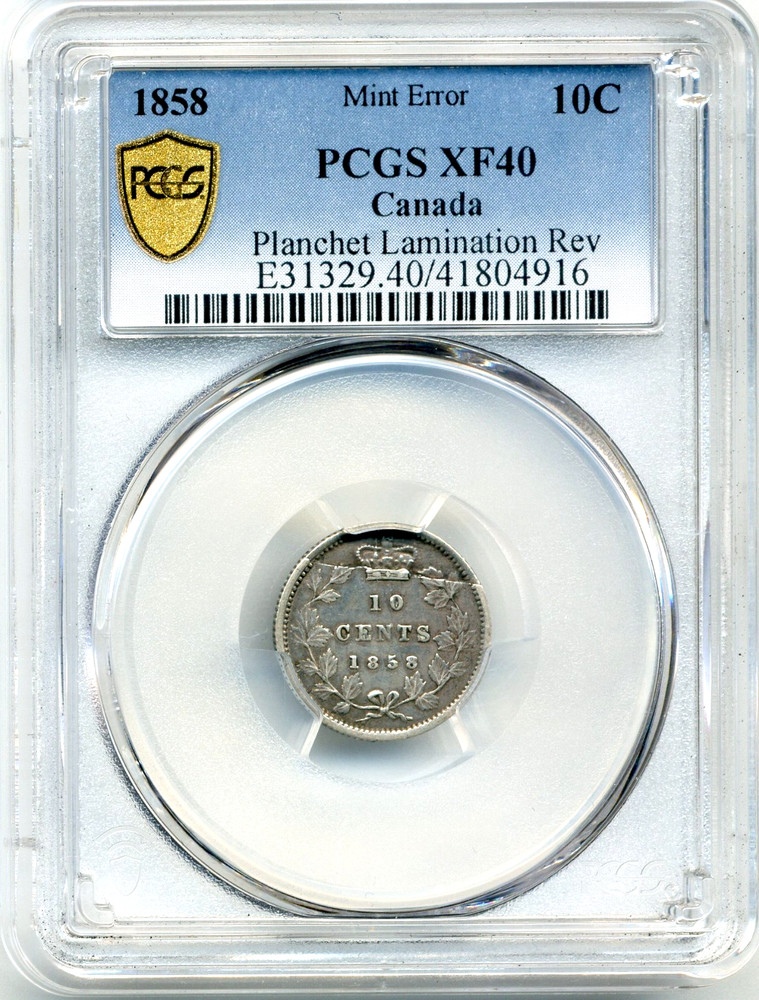 1858 Canada 10 Cents, MINT ERROR, Planchet Lamination Reverse - PCGS EF40