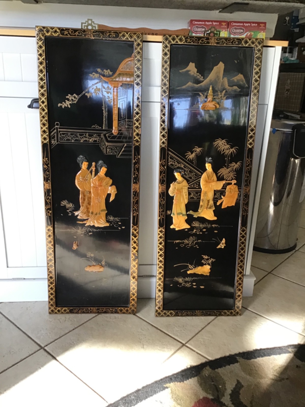 Black Lacquer Asian Geshia women beautifully painted wooden inlay. 12” X 36” tal