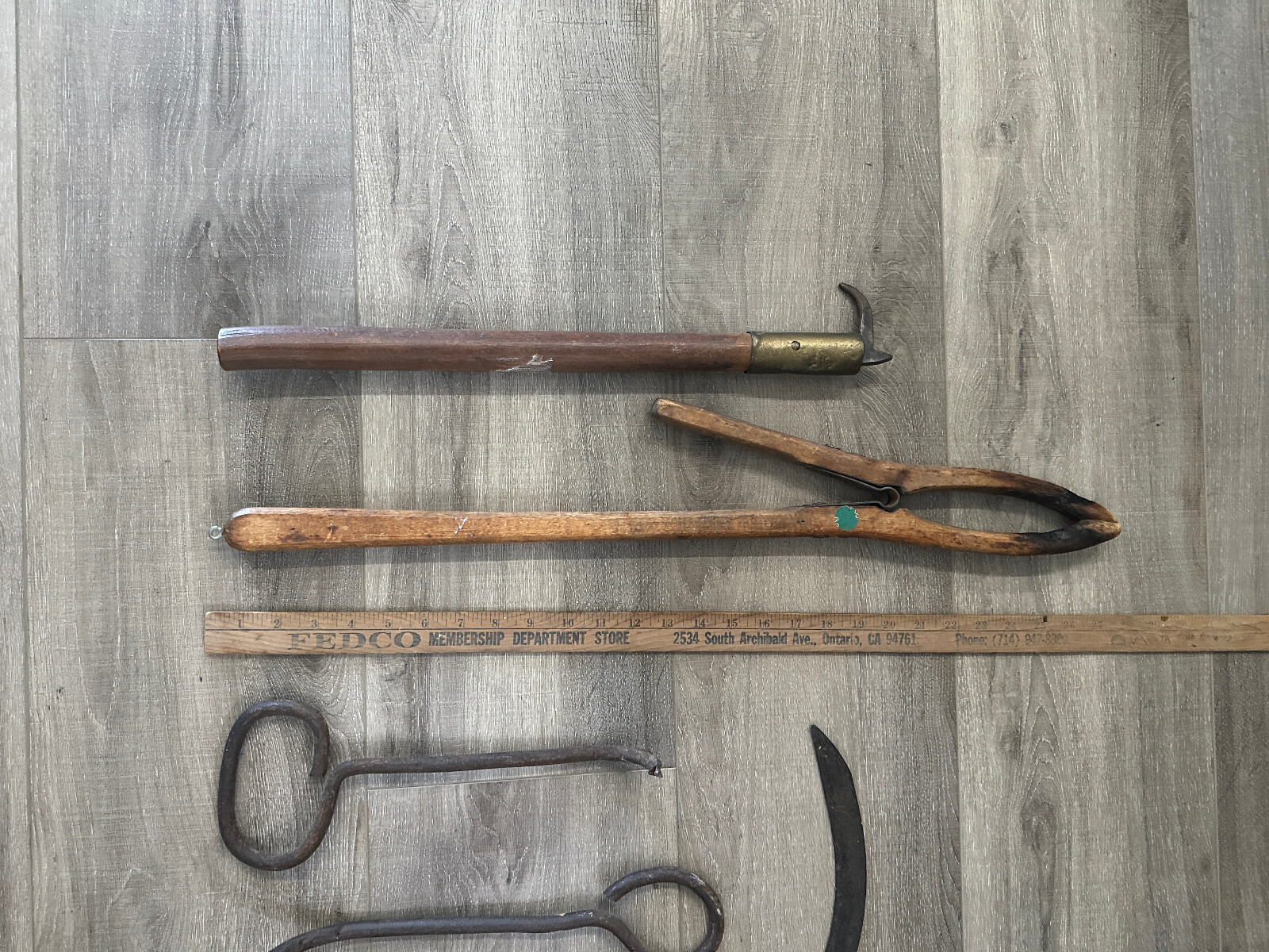 Lot of 7 vintage tools farm antique wooden tongs pliers scythe hooker plunger
