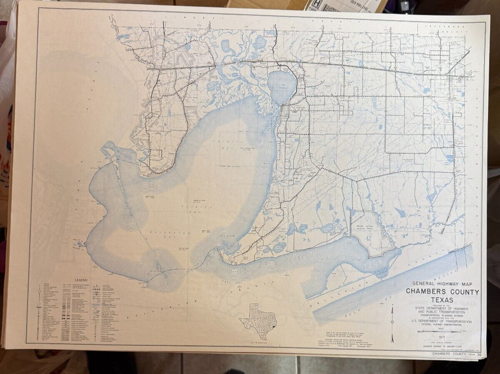 1971 Texas CHAMBERS County General Highway Map 18" x 25" Folded USDOT 2 Sheets