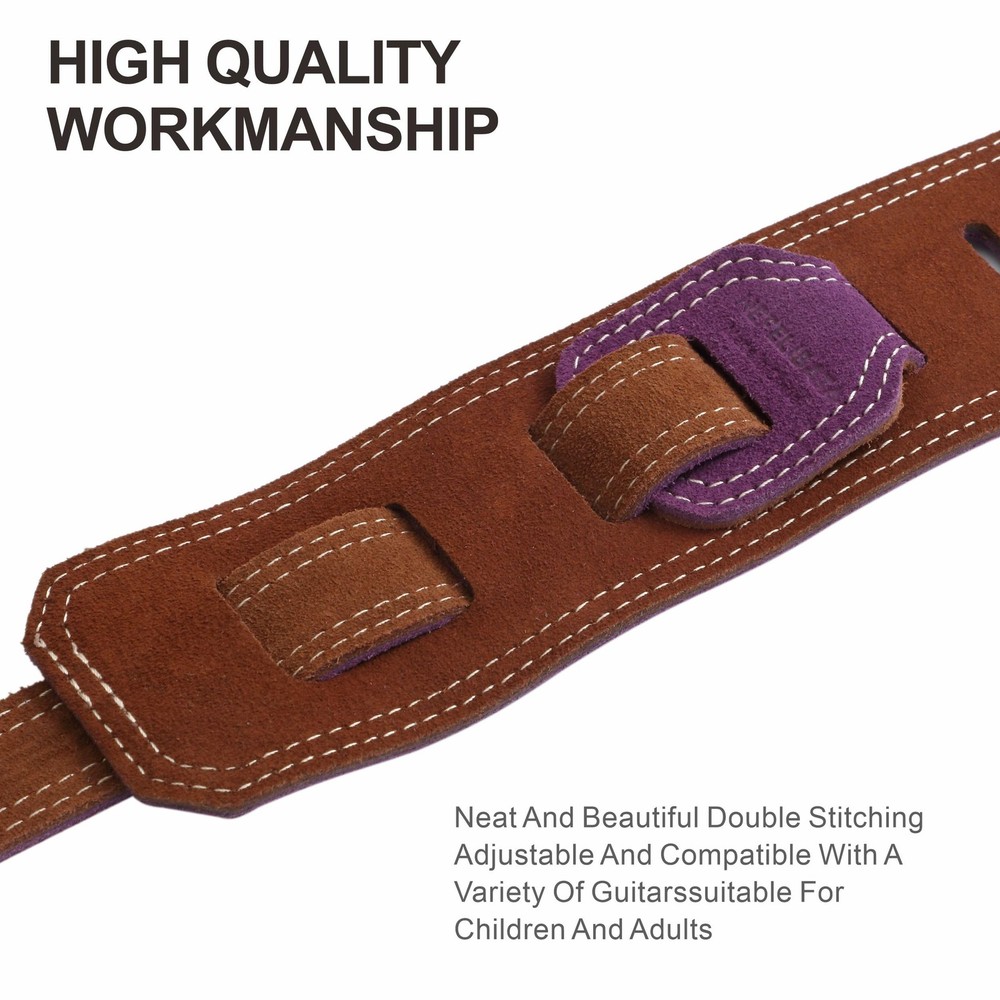 Bavarian Leather Guitar Strap with Foam Padding, Cable Loop, Lavender Purple