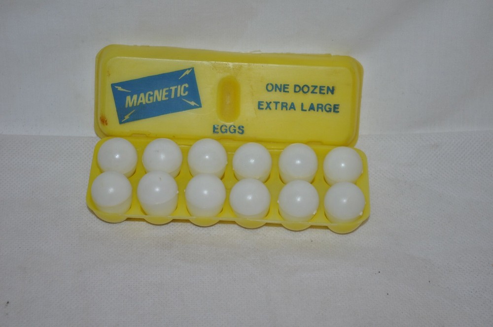 VINTAGE magnetic one dozen extra large  7/8" EGGS complete Yellow carton EUC