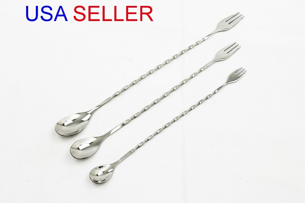 Bartender Twisted Double End Spoon Fork Stainless Steel Bar Mixing Spoon Fork