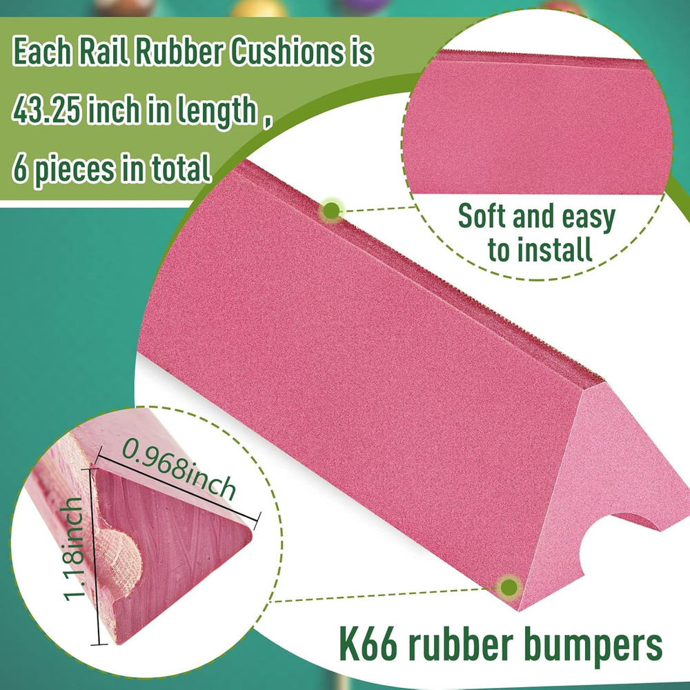 6 Pack K66 Rubber Bumpers 8 Foot Pool Table Bumpers Replacement Pool Table Rail