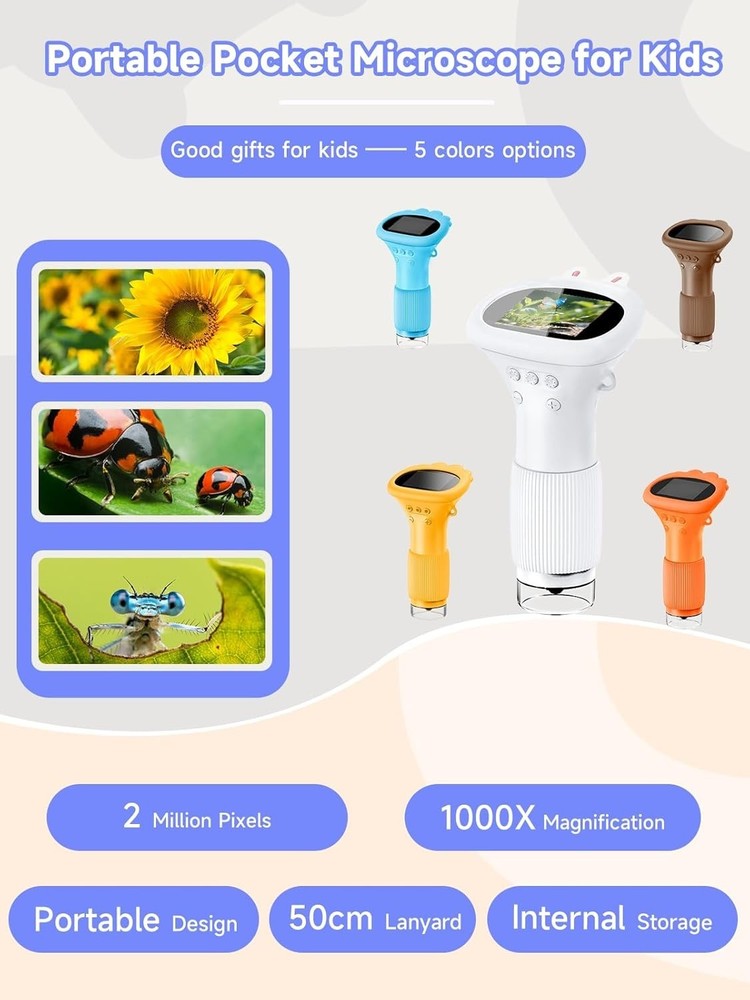 1000X Handheld Kids Microscope with 2.0-Inch Screen & LED Lights for Exploration