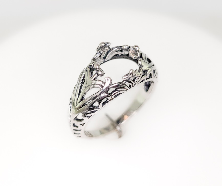 8 mm Round/ 7 mm Square Floral Ring Setting Sterling Silver with Rhodium Finish