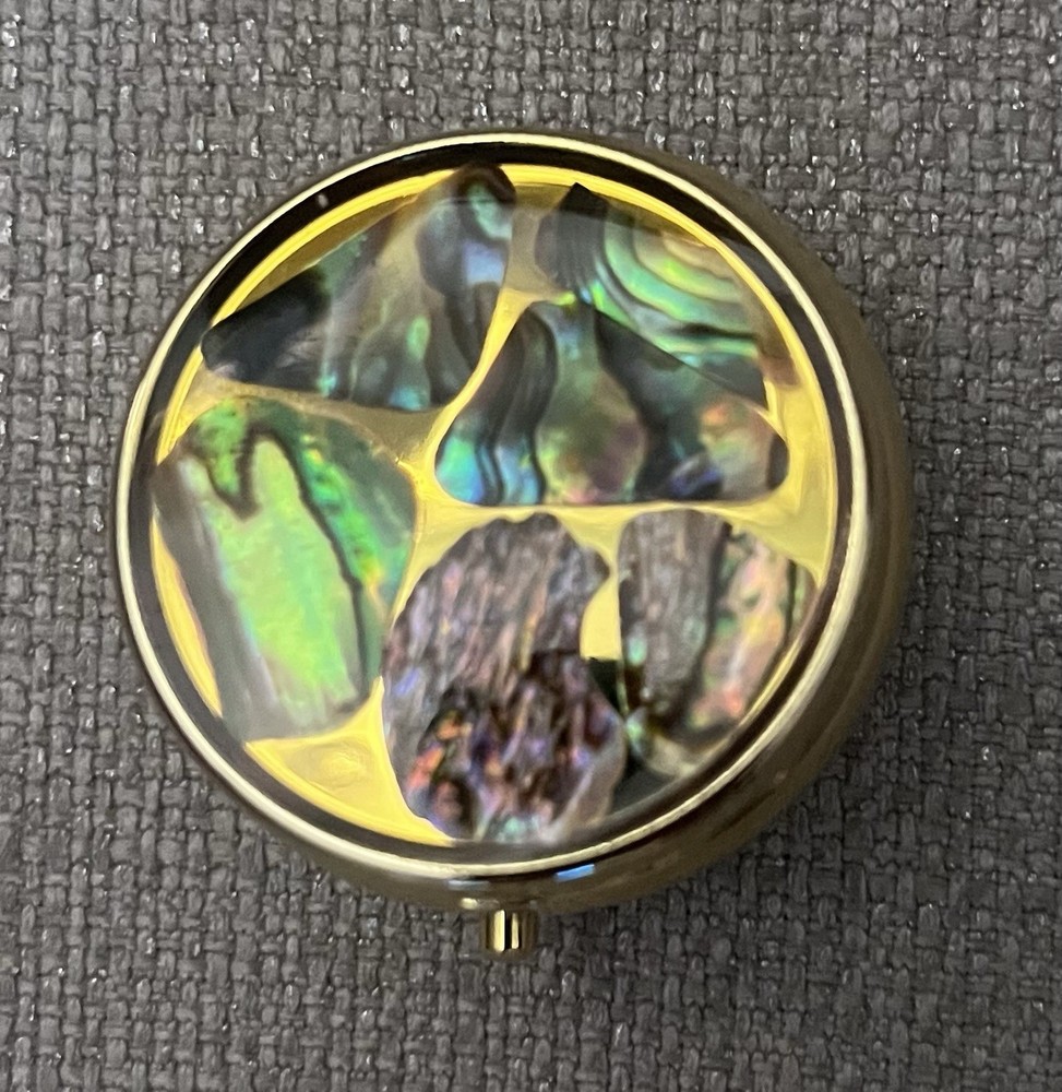 Pill Box Iridescent Gold Circle with Removable Plastic Tray