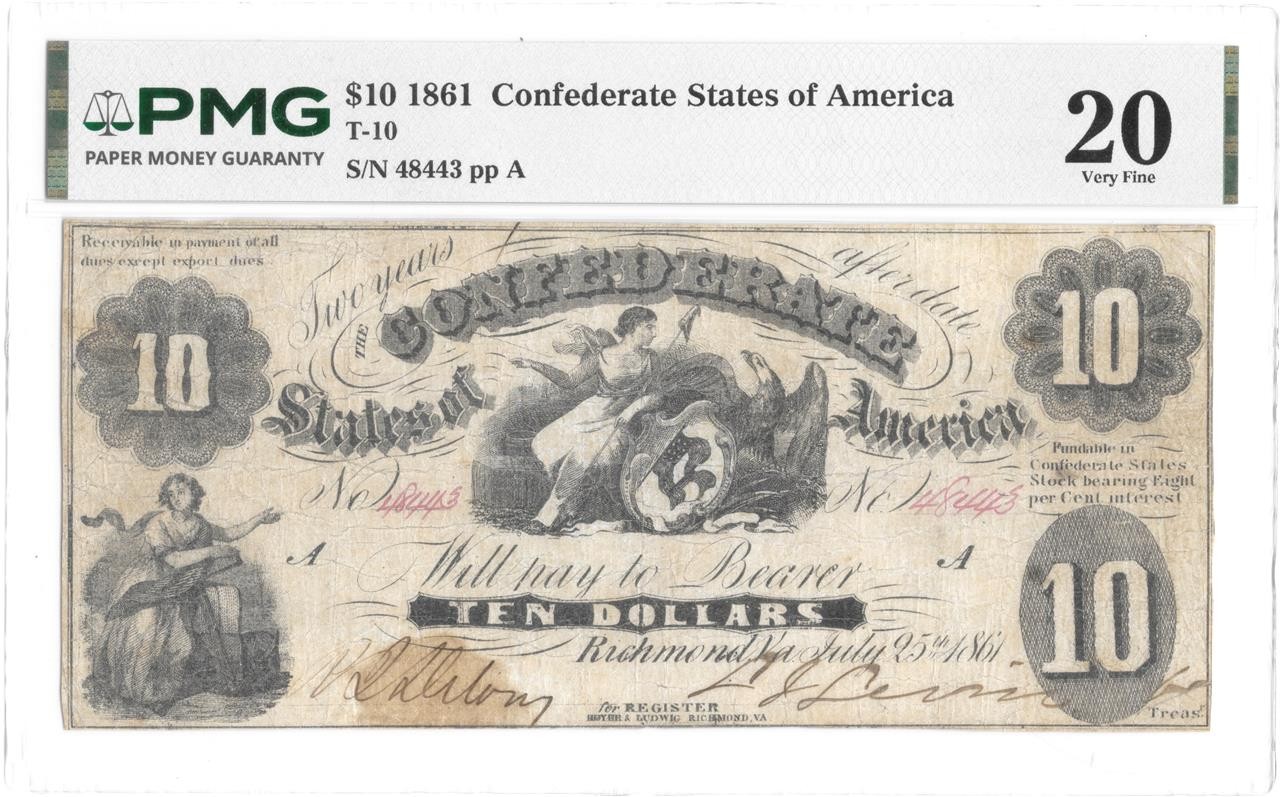 T-10 $10 Confederate 1861 PF-16 Scarce Type! PMG VF 20 Sharply Printed CSA Note