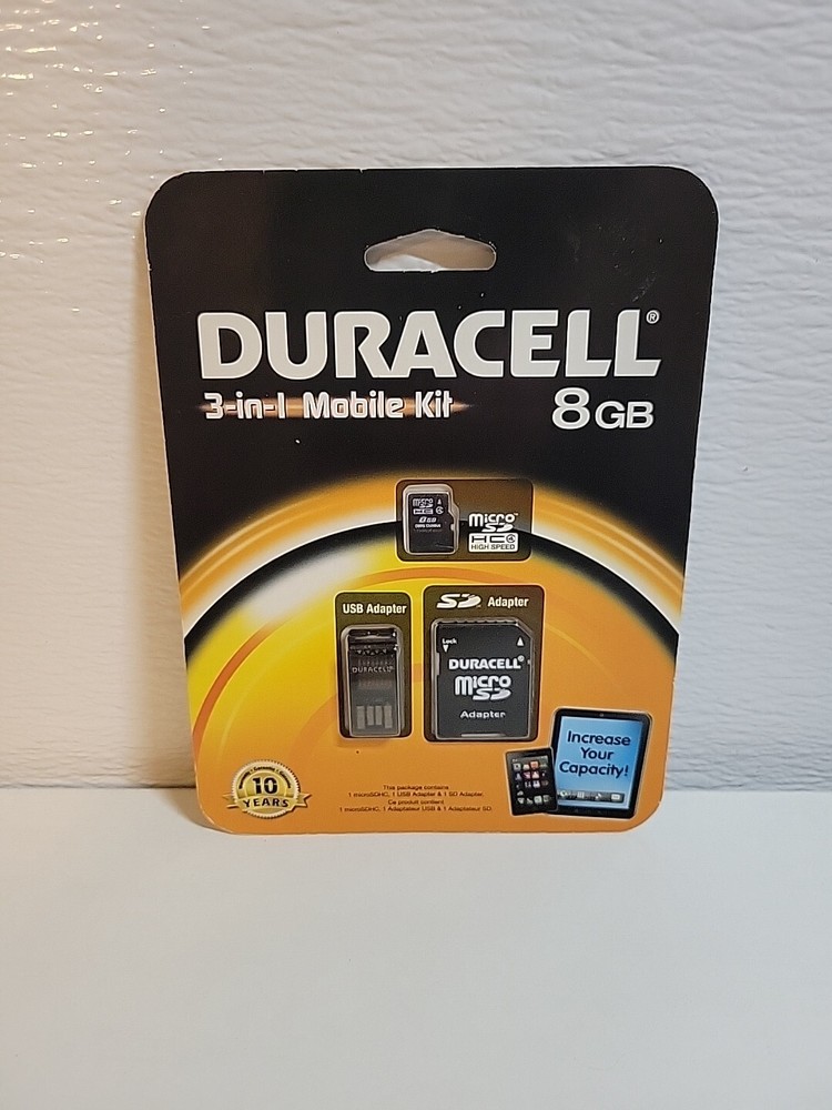 Duracell MicroSD Universal Pack 8GB MicroCard + USB + SD Adapter New Sealed