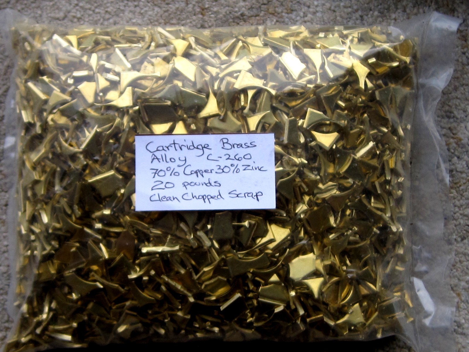 20 pounds of clean chopped brass scrap for casting, Alloy 260, 70% Cu, 30% Zn