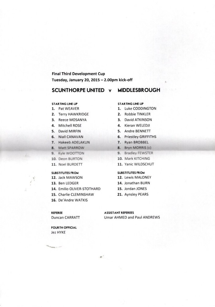 Reserves - Scunthorpe v Middlesbrough 20.1.2015 Development Cup