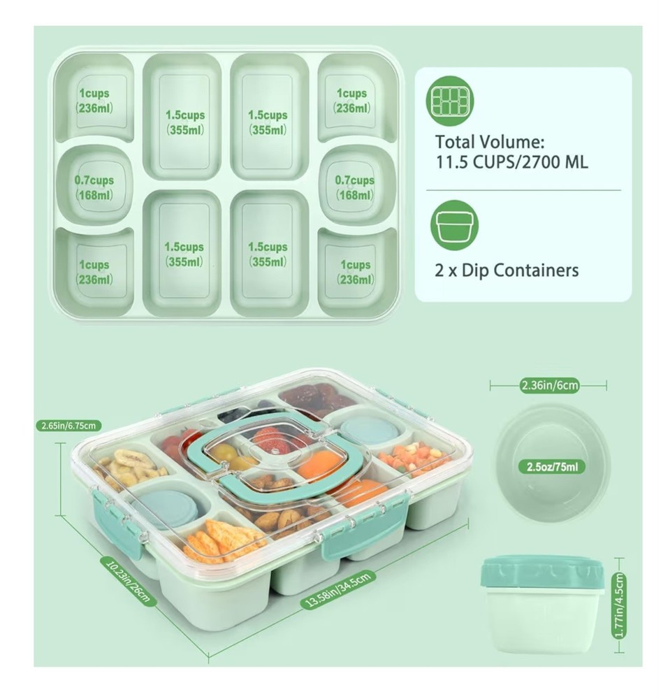 Caperci Original Snackle Box Container - 10-Compartment Divider. Mint Green