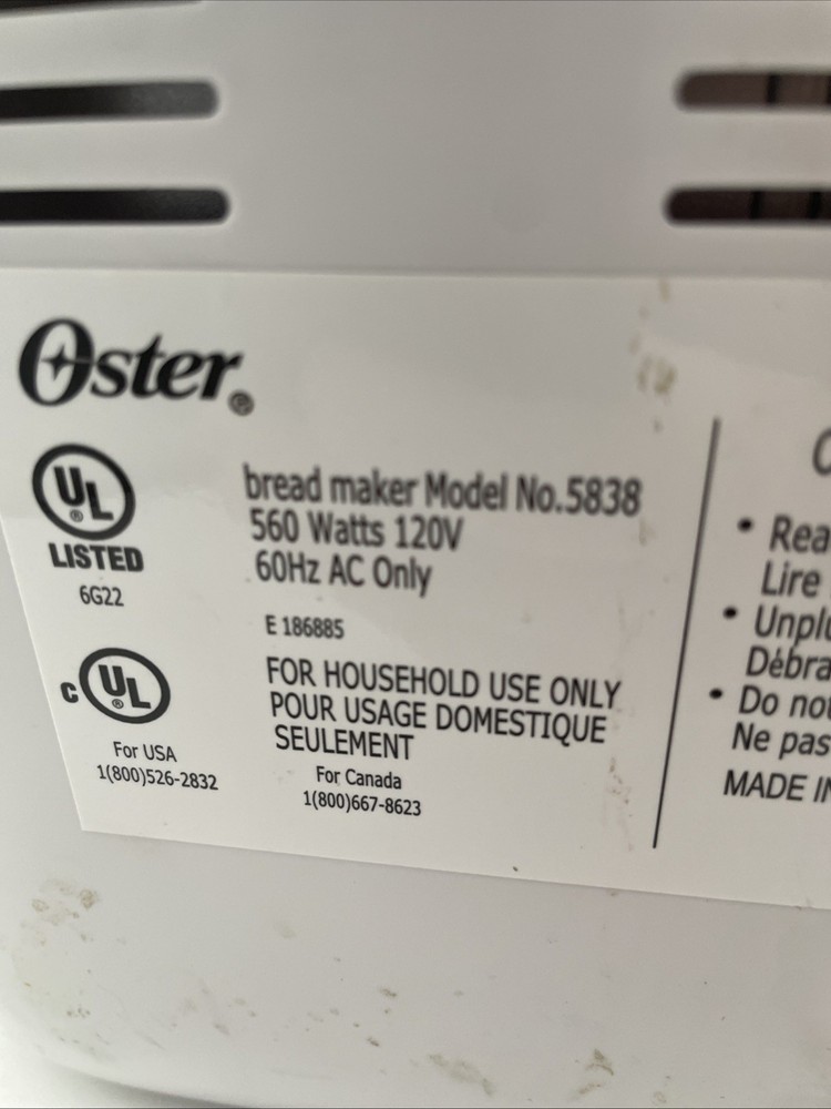 Oster Express Bake Bread Maker - 2Lb - Model 5838 White - Tested Works