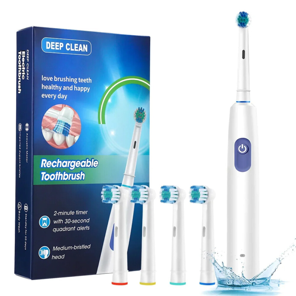 Electric Toothbrush Rechargeable Pro Rotating Brush with 4 Heads Timer 5 Modes