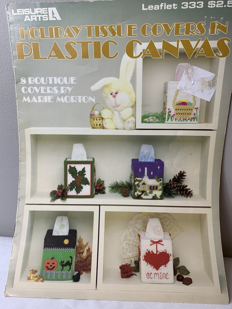 Vtg Leisure Arts Pattern Leaflet ‘Holiday Tissue Covers In Plastic Canvas’ 1984