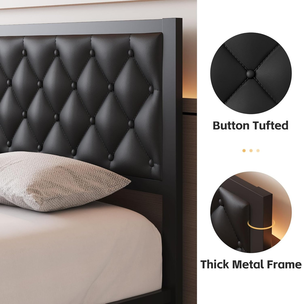 Queen Bed Frame with Headboard PU Leather Upholstered Bed Frame Platform,All Met