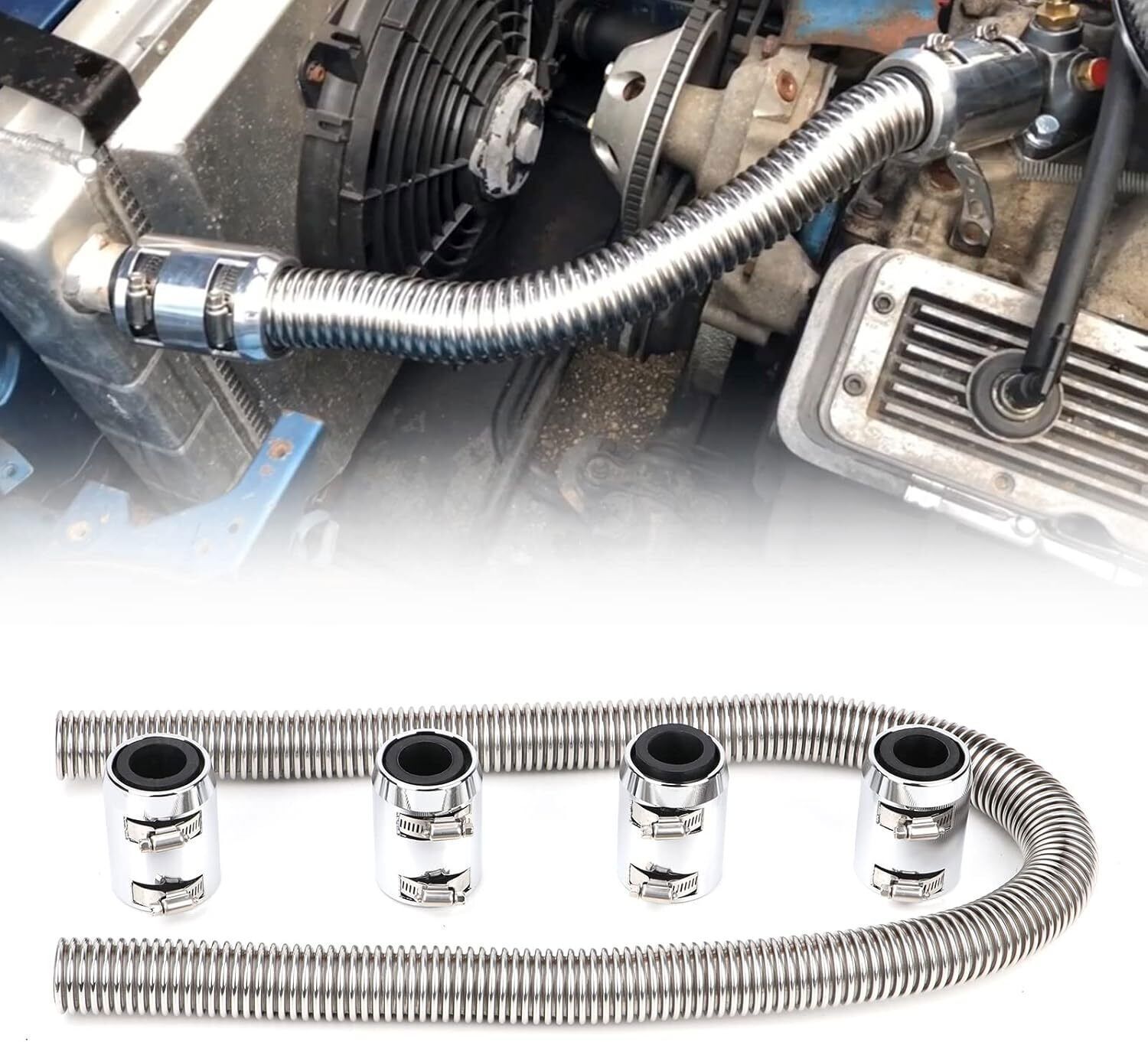Universal 48" Stainless Steel Radiator Flexible Coolant Water Hose W/ Caps Kit