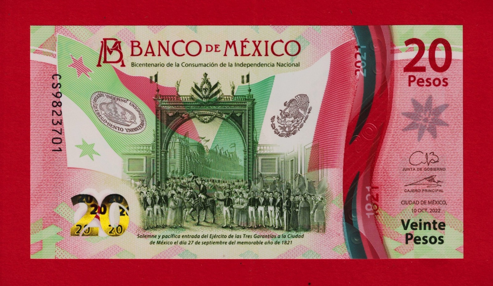 20 pesos 2022 MEXICO BICENTENNIAL UNC CS Polymer Sign: Ceja & Rabiela (P-132g.3)