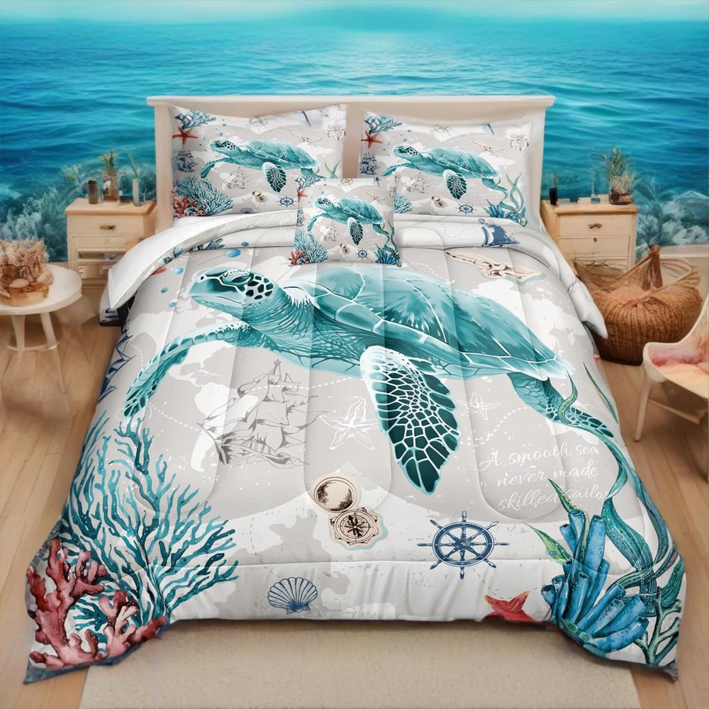 Nautical Bedding Set Turtle Comforter Set King Size Beach Comforter Set Soft Mic