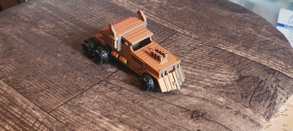 Multicolor Apocalyptic Big Rig With Wheels that roll. 3d printed. 1/64 scale