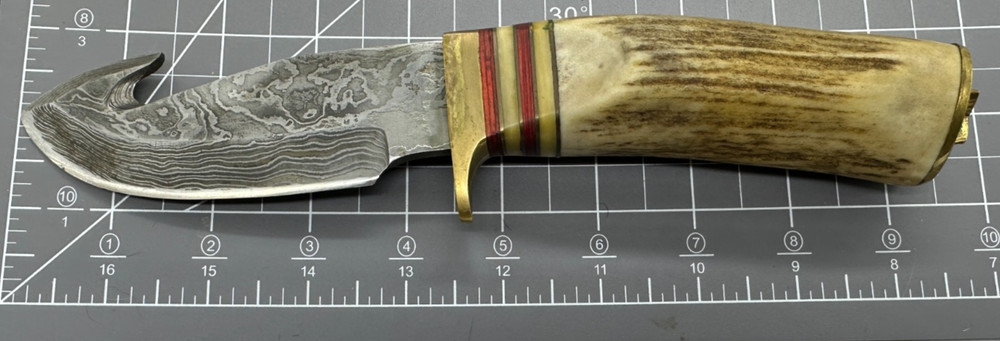 Tallen Stag Hook Fixed Blade Knife w/ Stag Handle - Damascus