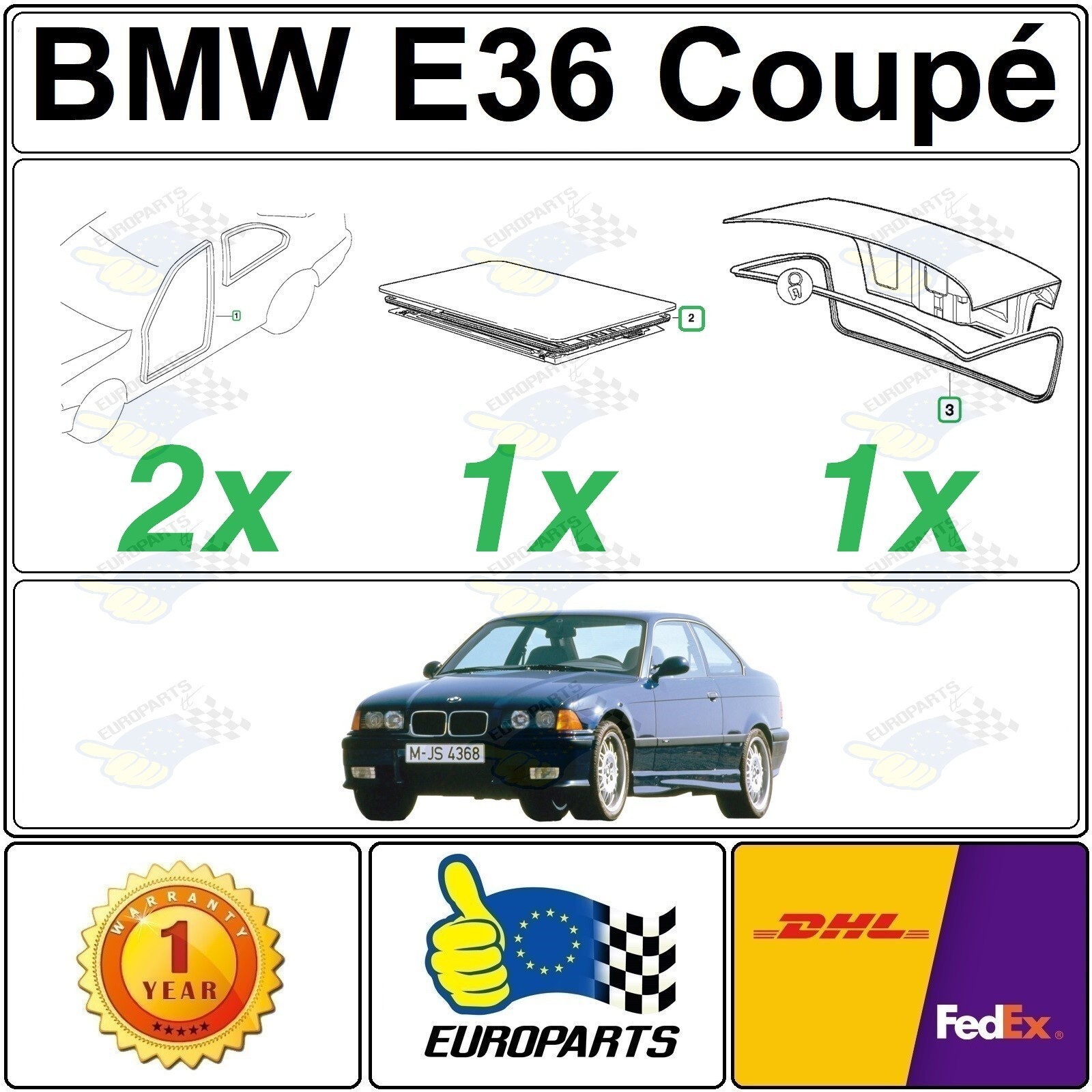 BMW E36 2-Door Coupe 4-Piece Weatherstrip Seal Kit for Doors, Sunroof, Trunk